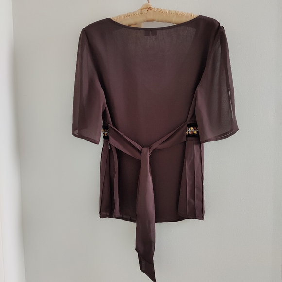 Esprit brown crepe fabric blouse with velvet and bead details size M - Picture 10 of 11